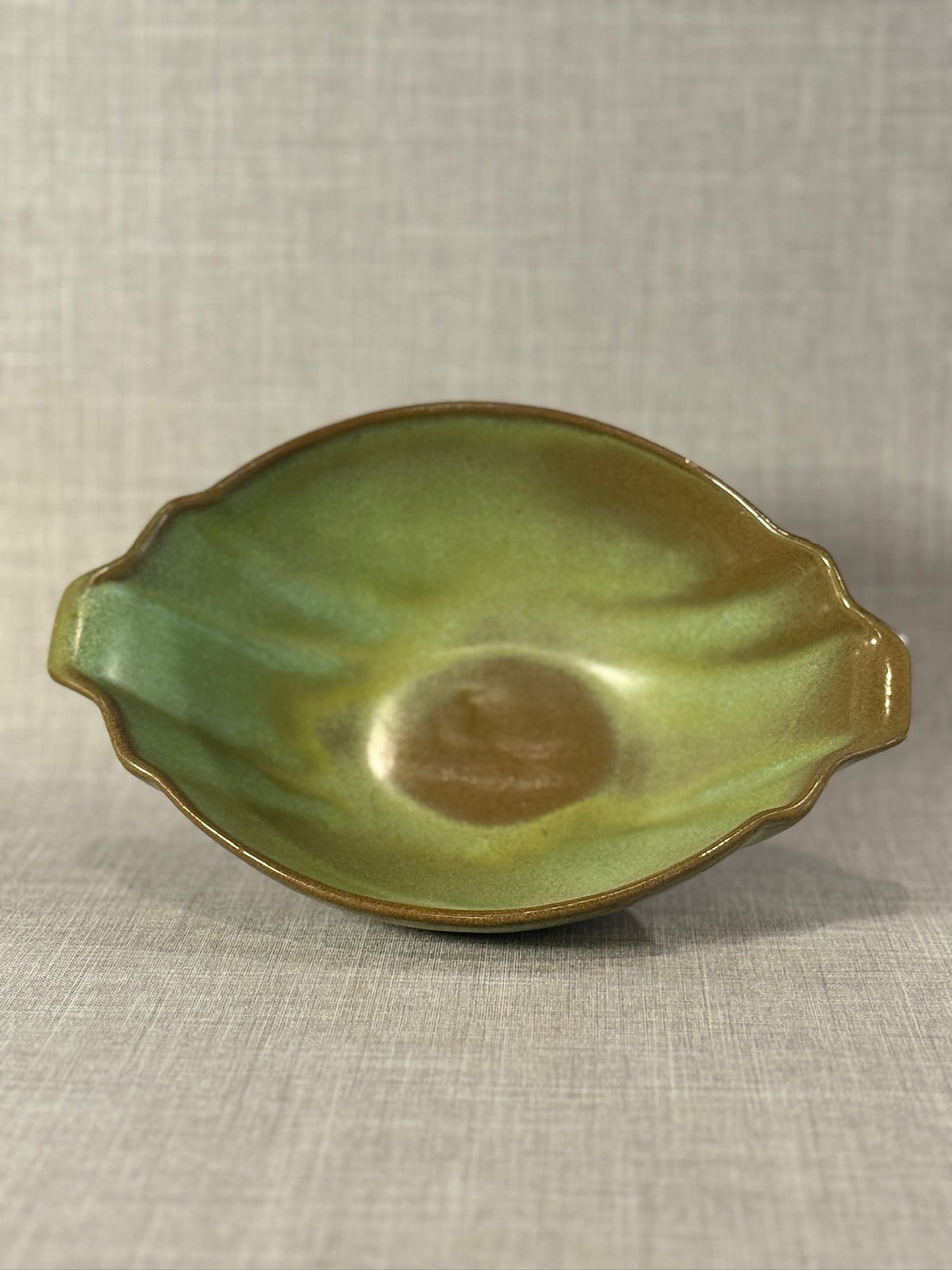 american pottery serving dish with prairie green finish