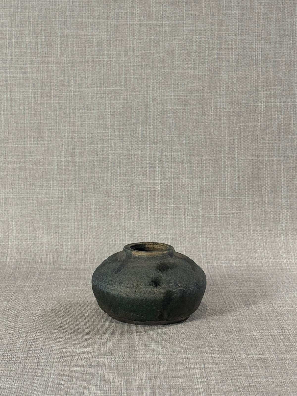 Mid-Century Modern Handcrafted Textured Black Stoneware Moon Vase Signed CH