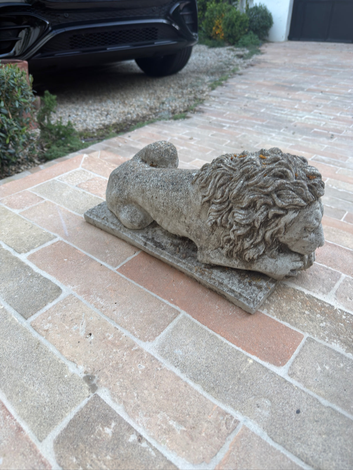 Antique French Cast Stone Garden Lions with Weathered Patina, 1930s