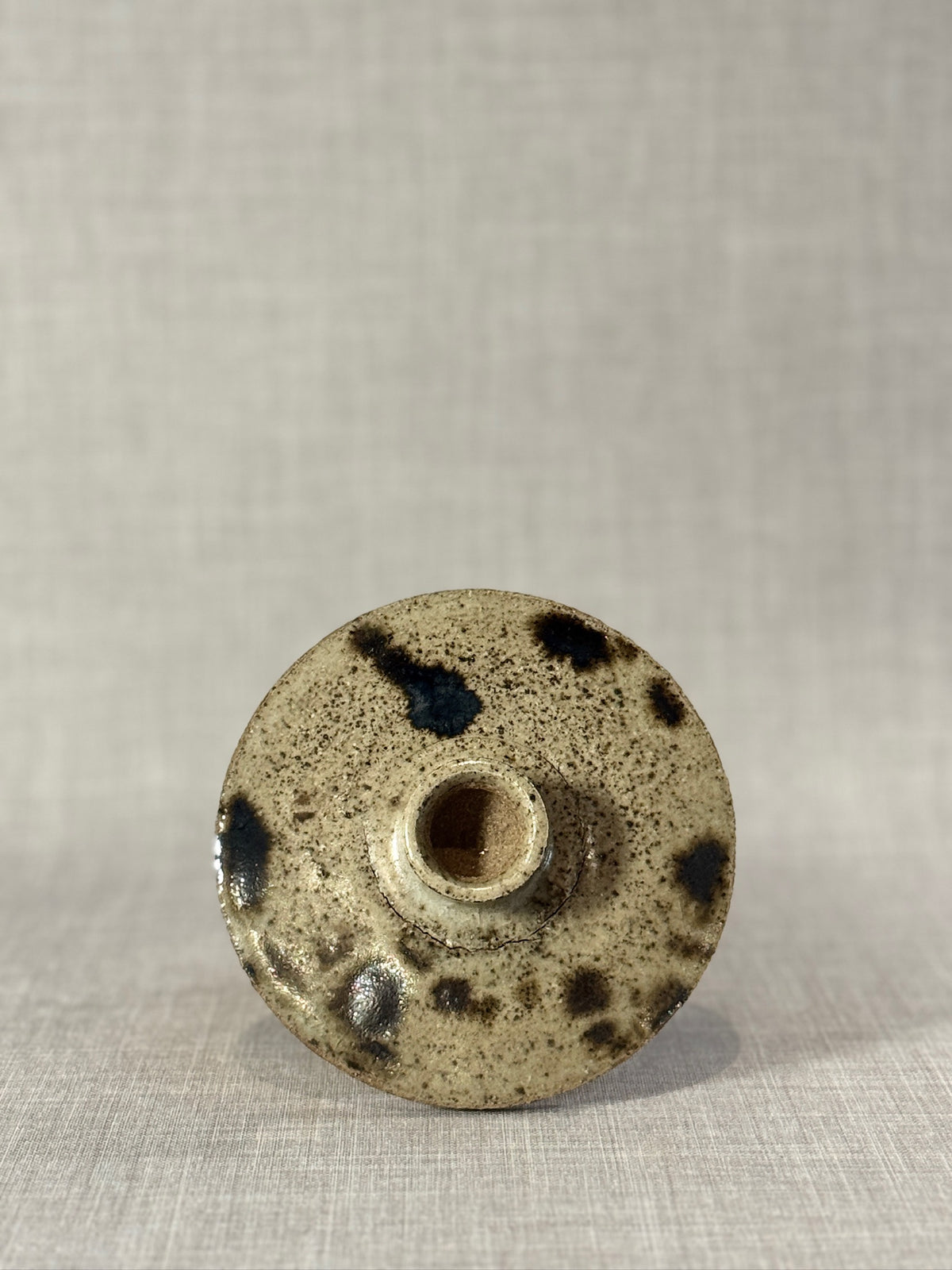 Handcrafted Mid-Century Studio Stoneware Candle Holder with Speckled Glaze and Minimalist Form