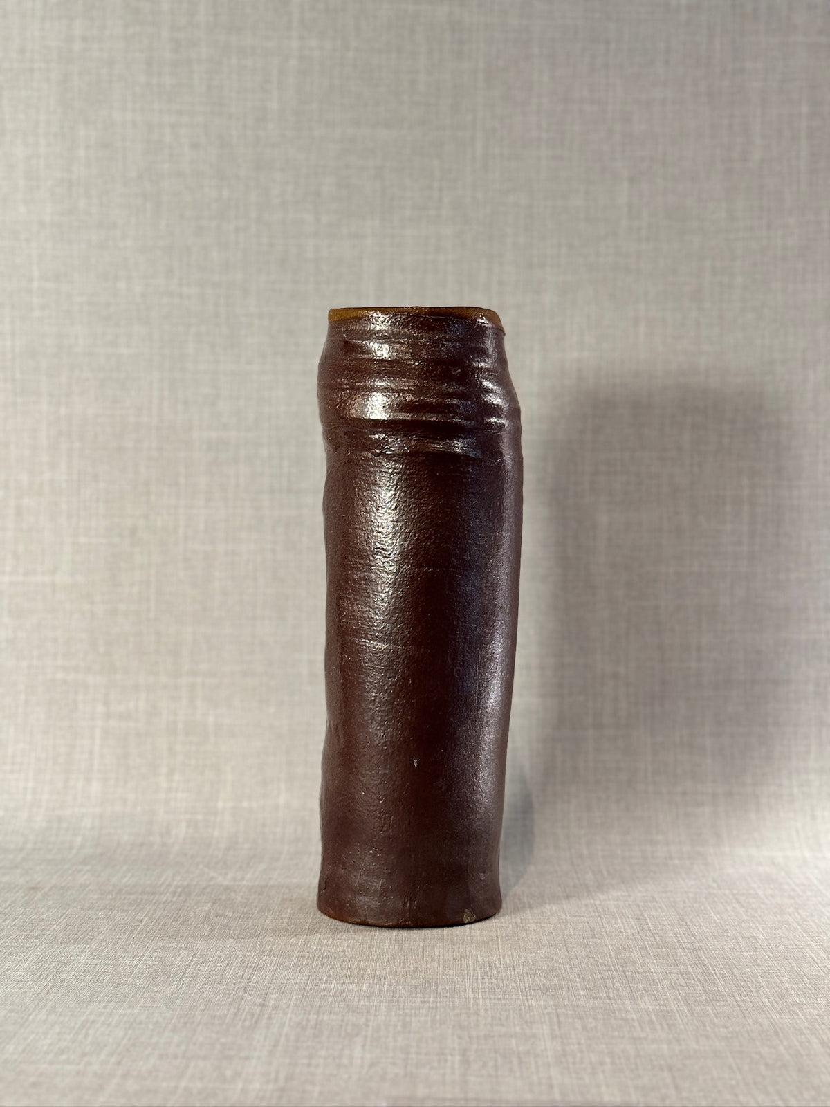 Handcrafted Mid-Century Studio Pottery Cylindrical Vase in Deep Espresso Brown Glaze