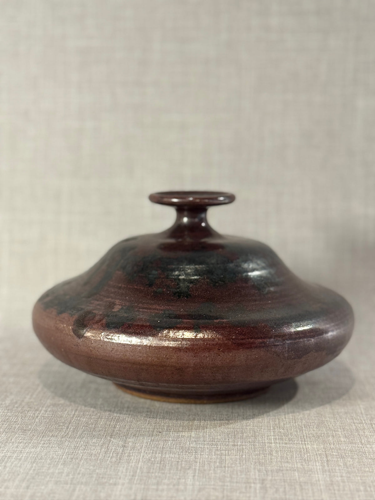 Signed Studio Pottery Flattened Bottle Vase with Oxblood and Black Reduction Glaze – Sculptural Mid-Century Form