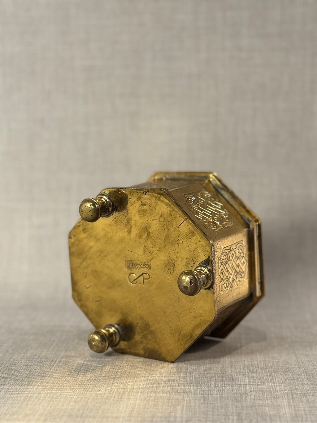 Early Middle-Eastern 20th Century Brass Octagonal Casket Box with Endless Knot Engravings and Finial Lid, Marked “C.P.”
