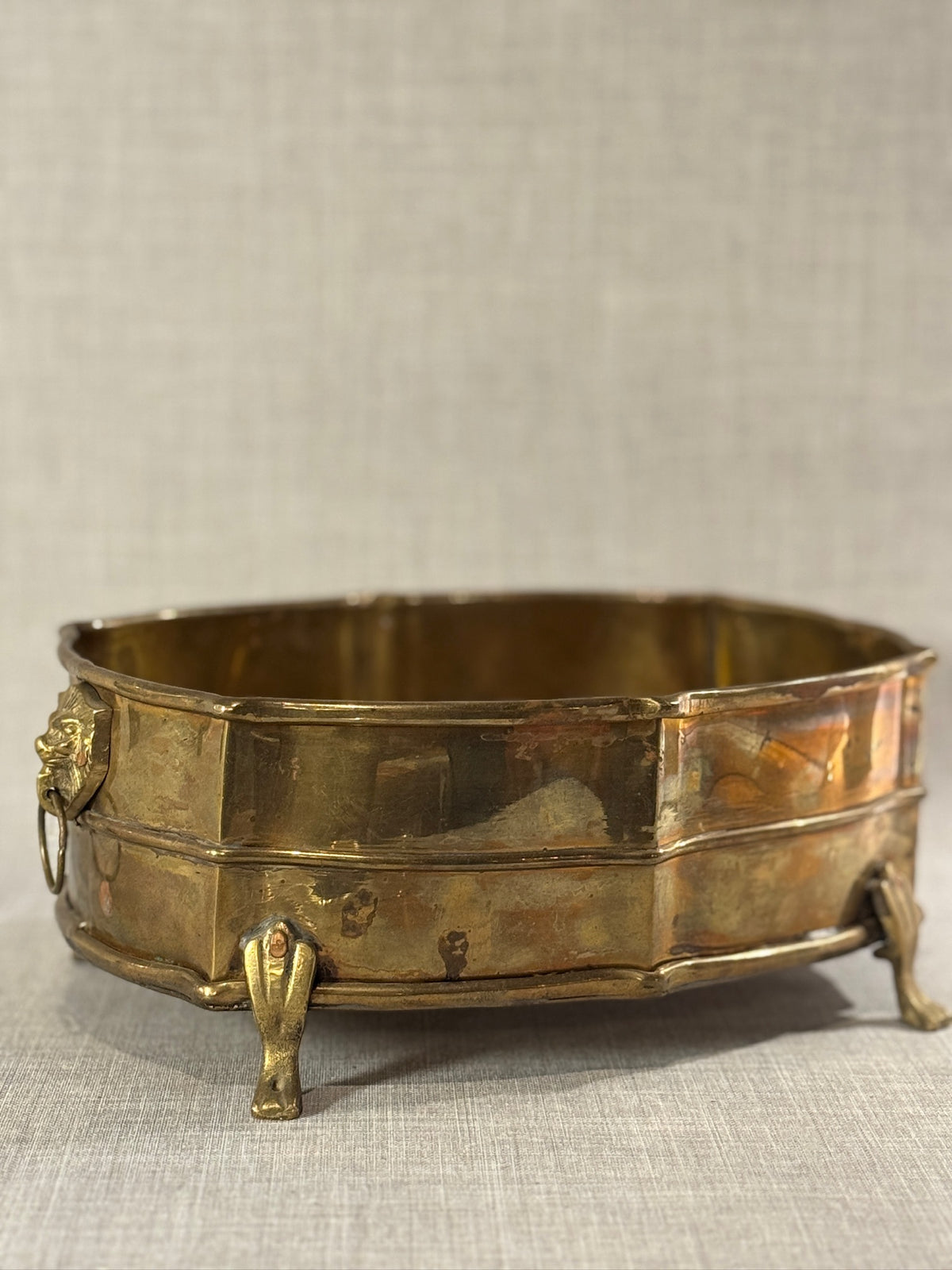 Early 20th Century Handcrafted Brass Oval Jardinière with Lion Mask Handles and Paw Feet – Elegant Antique Planter