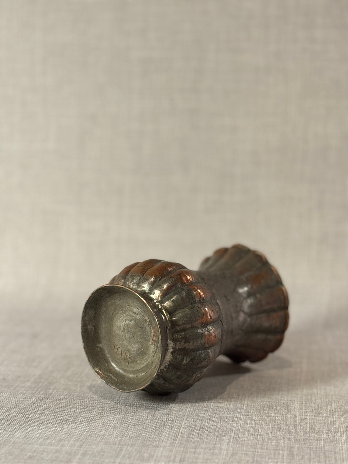 Antique Egyptian Hand-Hammered Tin-Washed Copper Vase with Scalloped Rim, Ribbed Base & Engraved Decorative Motifs