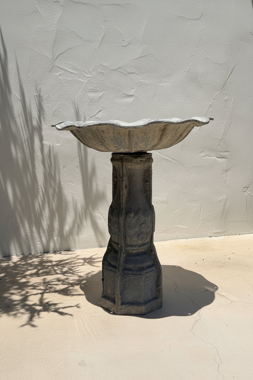 Vintage galvanized metal bird bath with scalloped fluted basin and architectural pedestal, a weathered mid-century garden accent standing 31 inches tall — Hommes and Gardens, Water Features Collection, Objects + Curiosities Collection, Home Decor, Landscape Architect, Interior Designer, Outdoor Living, Outdoor Decorations, Garden Design, Home Design, Luxury Design, Art, Furniture, Objects, Best Gifts, Nature, Backyard, Yard.
