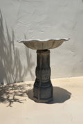 Vintage galvanized metal bird bath with scalloped fluted basin and architectural pedestal, a weathered mid-century garden accent standing 31 inches tall — Hommes and Gardens, Water Features Collection, Objects + Curiosities Collection, Home Decor, Landscape Architect, Interior Designer, Outdoor Living, Outdoor Decorations, Garden Design, Home Design, Luxury Design, Art, Furniture, Objects, Best Gifts, Nature, Backyard, Yard.