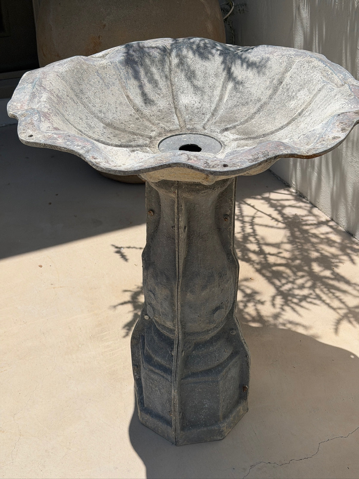 Close-up of scalloped fluted basin and weathered galvanized metal surface on vintage bird bath — Hommes and Gardens, Water Features Collection, Home Decor, Landscape Architect, Interior Designer, Outdoor Living, Garden Design, Luxury Design, Art, Objects, Rustic Garden Decor, Nature, Backyard, Yard.