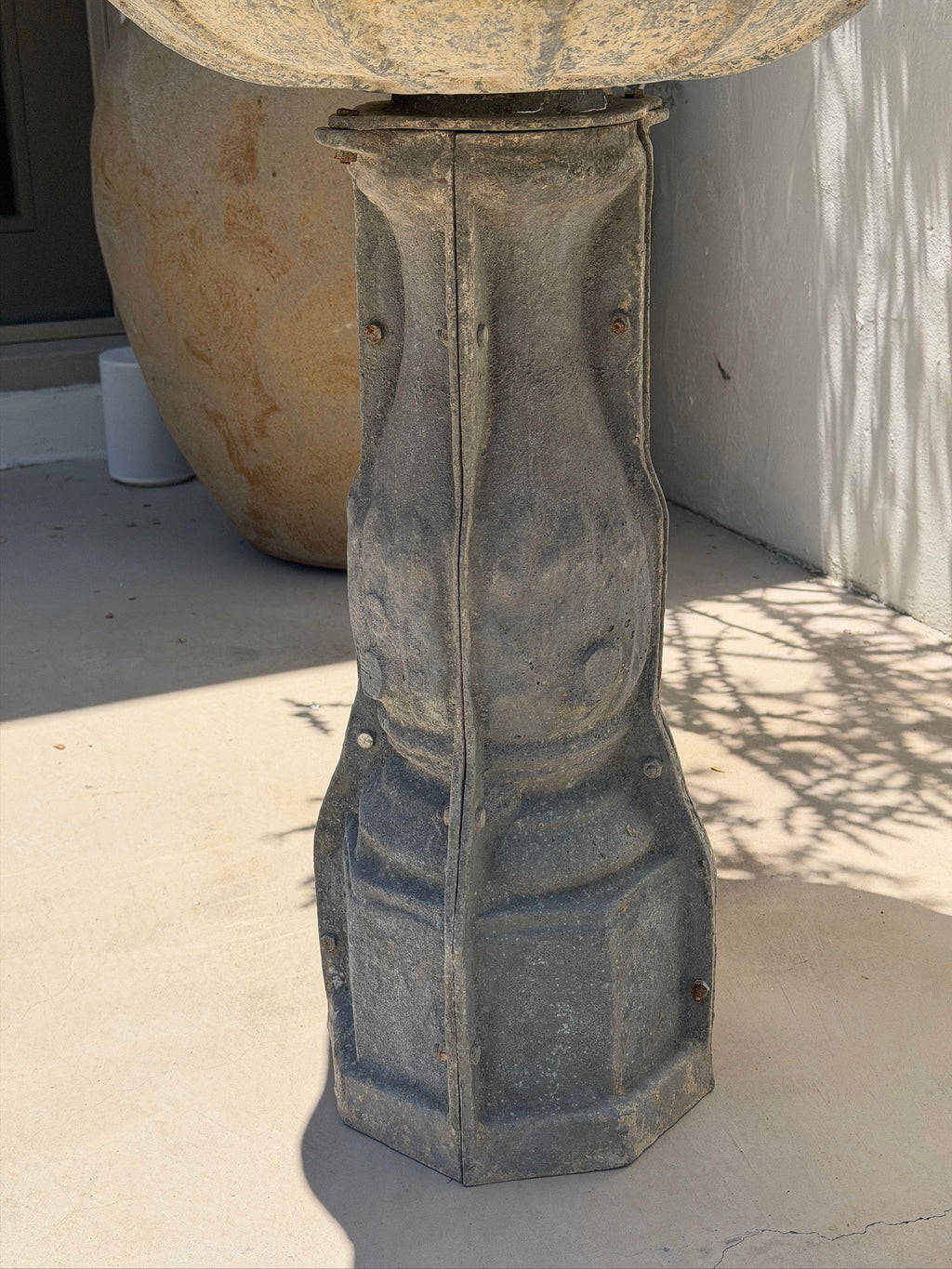 Architectural pedestal base of vintage galvanized metal garden bird bath with naturally aged finish — Hommes and Gardens, Water Features Collection, Objects + Curiosities Collection, Home Decor, Landscape Architect, Interior Designer, Outdoor Decorations, Garden Design, Home Design, Luxury Design, Art, Objects, Nature, Backyard, Yard.