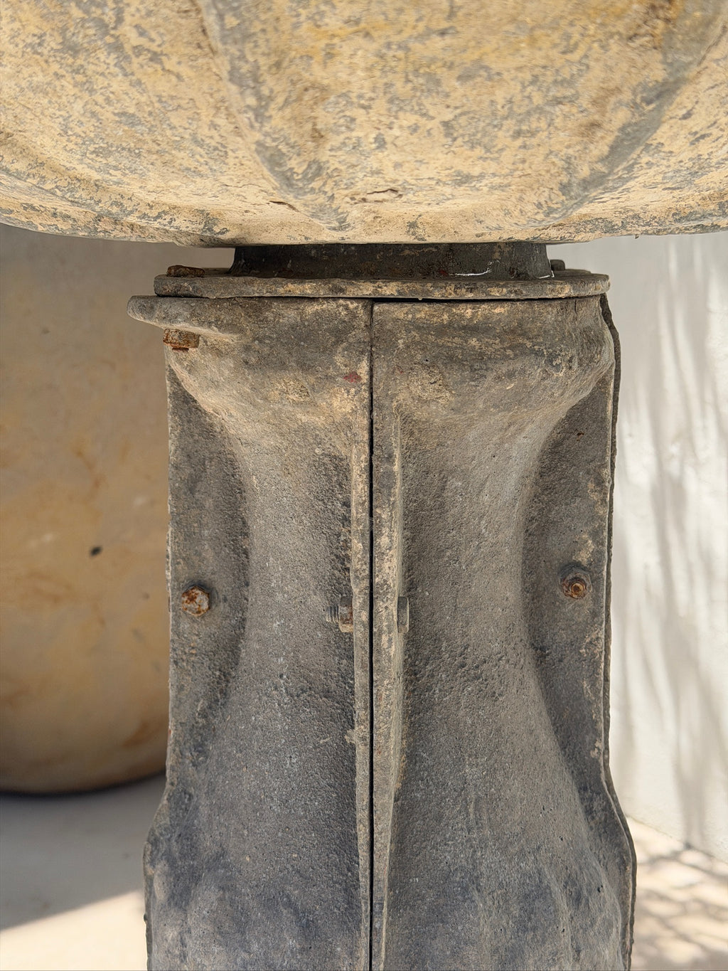 Vintage Galvanized Metal Bird Bath with Architectural Pedestal, 31” Tall
