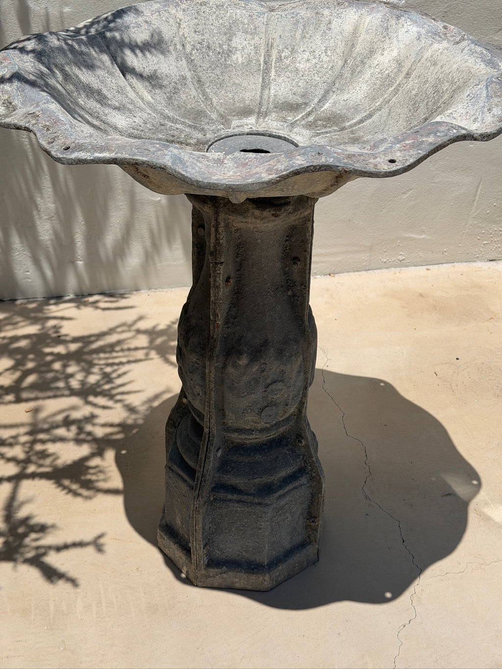 Vintage Galvanized Metal Bird Bath with Architectural Pedestal, 31” Tall