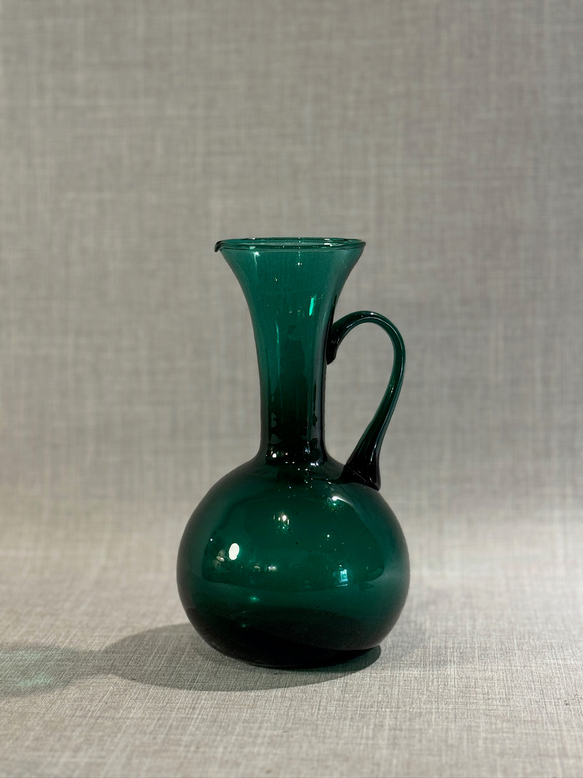 Vintage Emerald Green Hand-Blown Glass Vase with Applied Handle