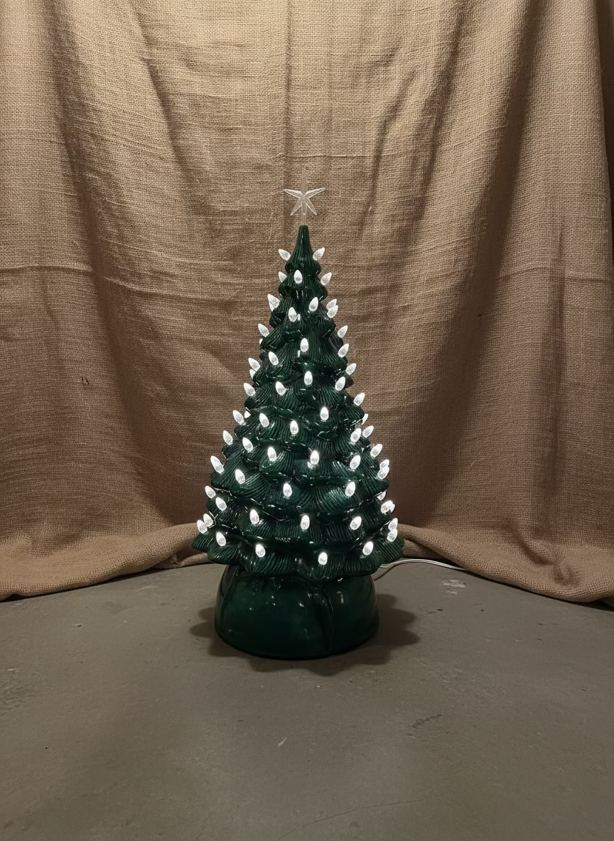 1970s Emerald Ceramic Light-Up Christmas Tree with White Bulbs