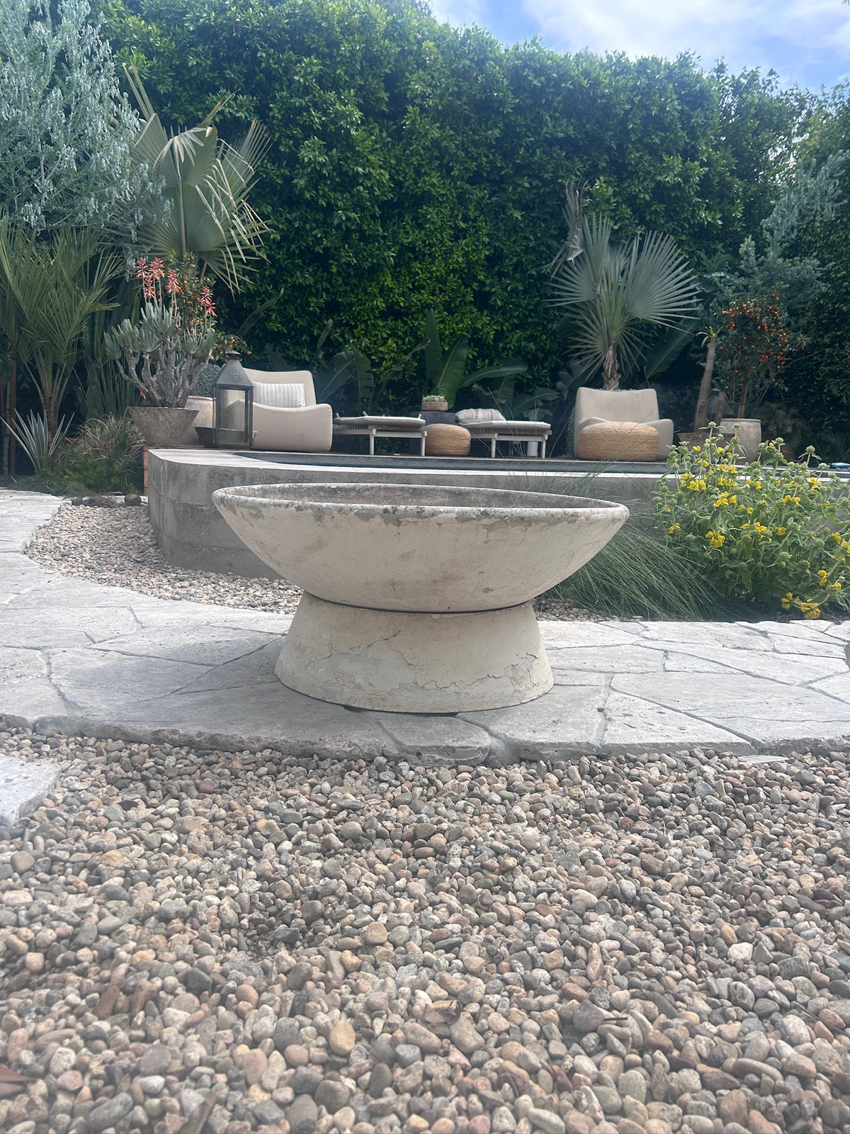 Side view of monumental Willy Guhl Eternit pedestal bowl planter showing tapered base and architectural fiber cement form — Hommes and Gardens, Willy Guhl Collection, Pots + Planters Collection, Home Decor, Landscape Architect, Interior Designer, Outdoor Living, Garden Design, Home Design, Luxury Design, Art, Objects, Swiss Design, Mid-Century Modern, Nature, Backyard, Yard.