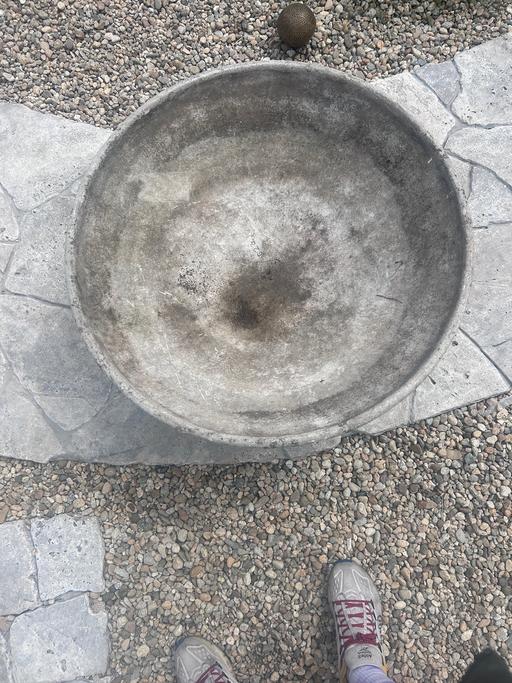 Top view of monumental Willy Guhl pedestal bowl planter showing broad circular opening and weathered Eternit surface — Hommes and Gardens, Willy Guhl Collection, Pots + Planters Collection, Home Decor, Landscape Architect, Interior Designer, Outdoor Living, Garden Design, Home Design, Luxury Design, Art, Objects, Mid-Century Modern, Nature, Backyard, Yard.