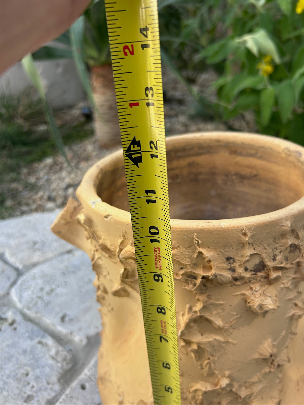 Terracotta planter with faux bois bark texture and lug handles