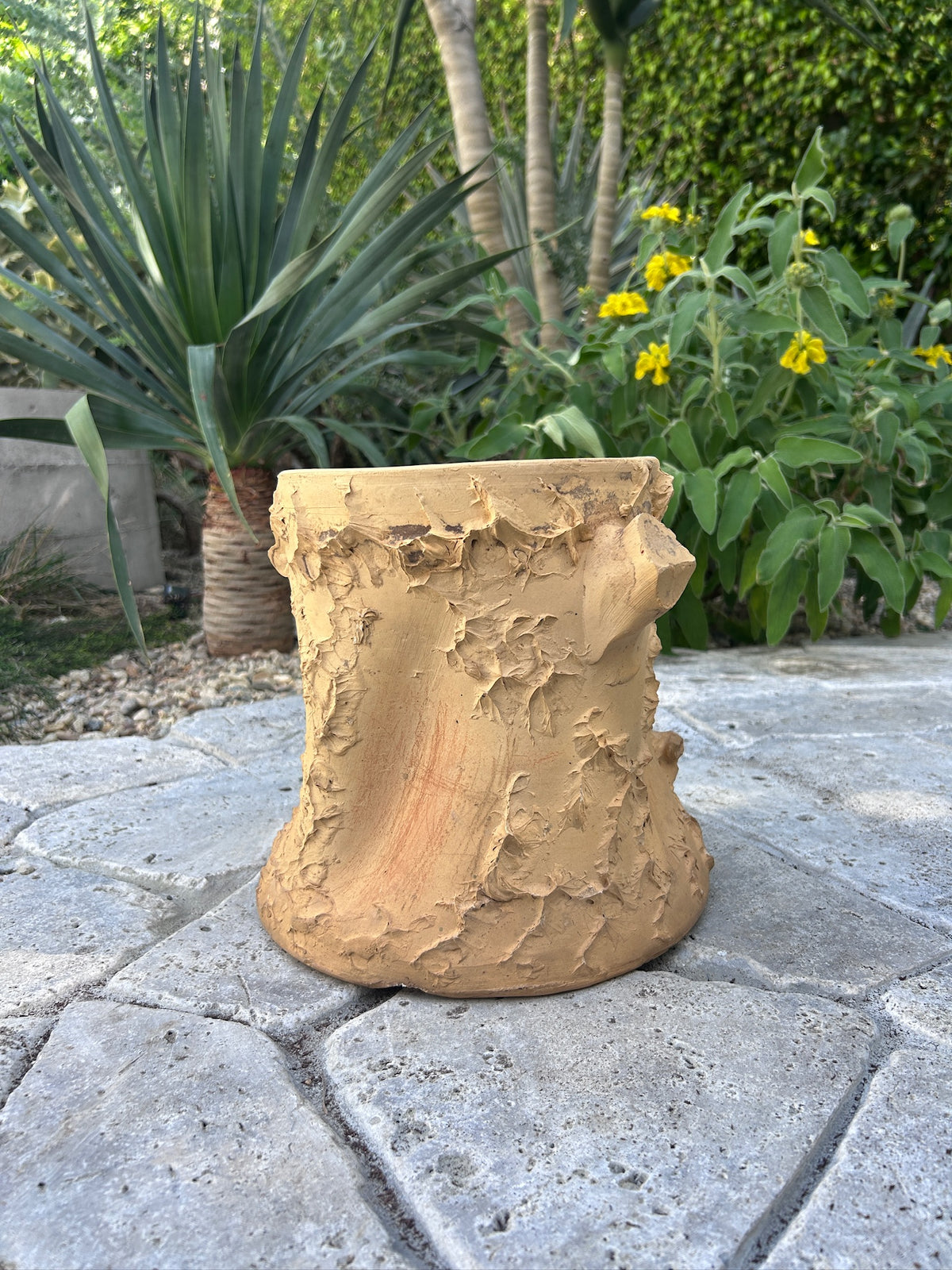 Vintage Terracotta Planter with Faux Bois Texture and Rustic Charm