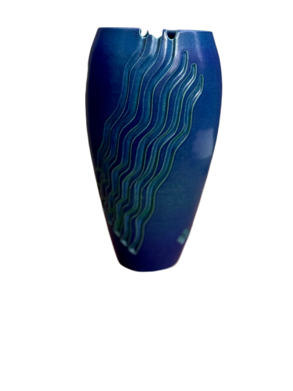 Ceramic Blue Vase with Carved Designs