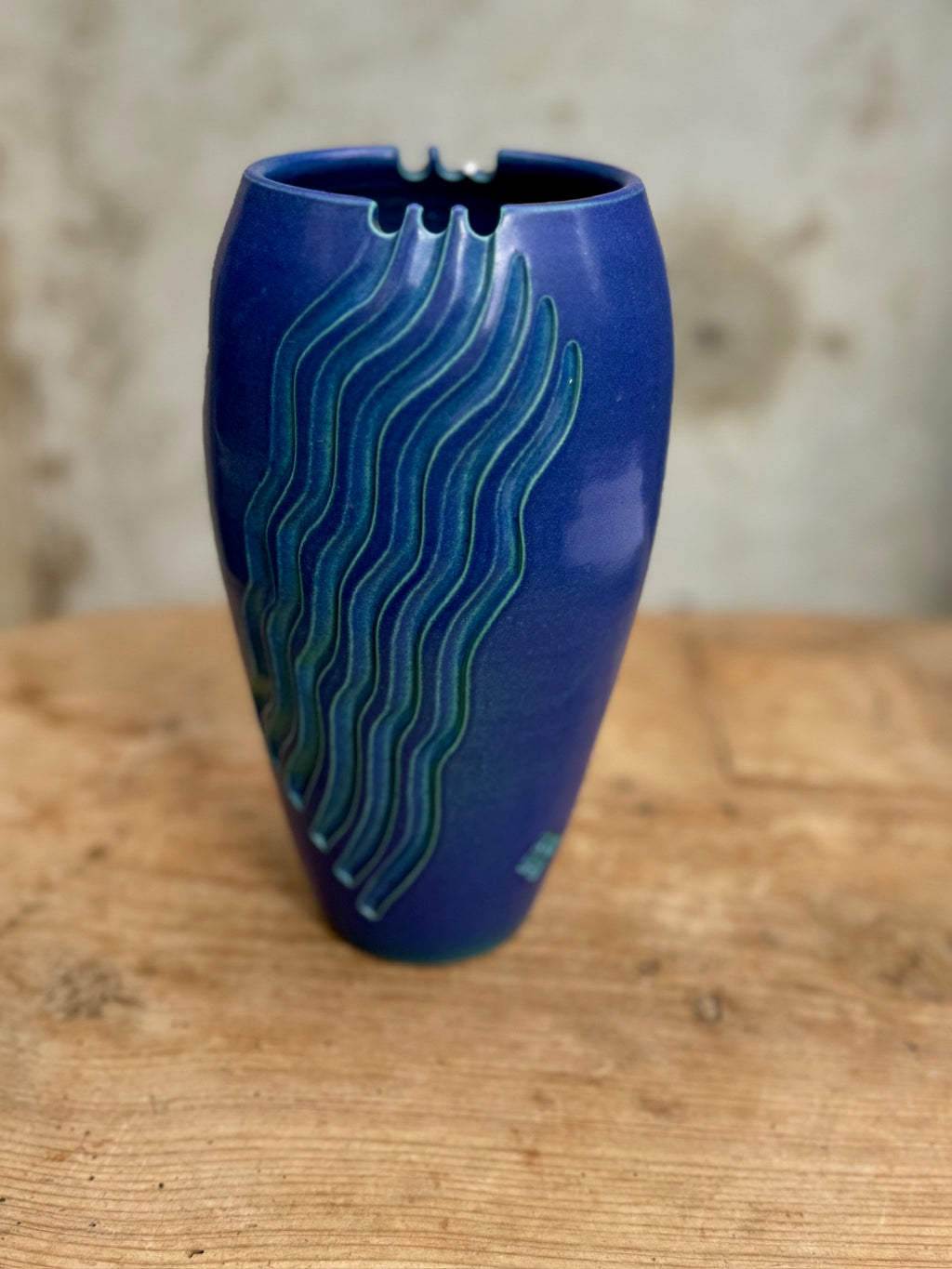 Ceramic Blue Vase with Carved Designs