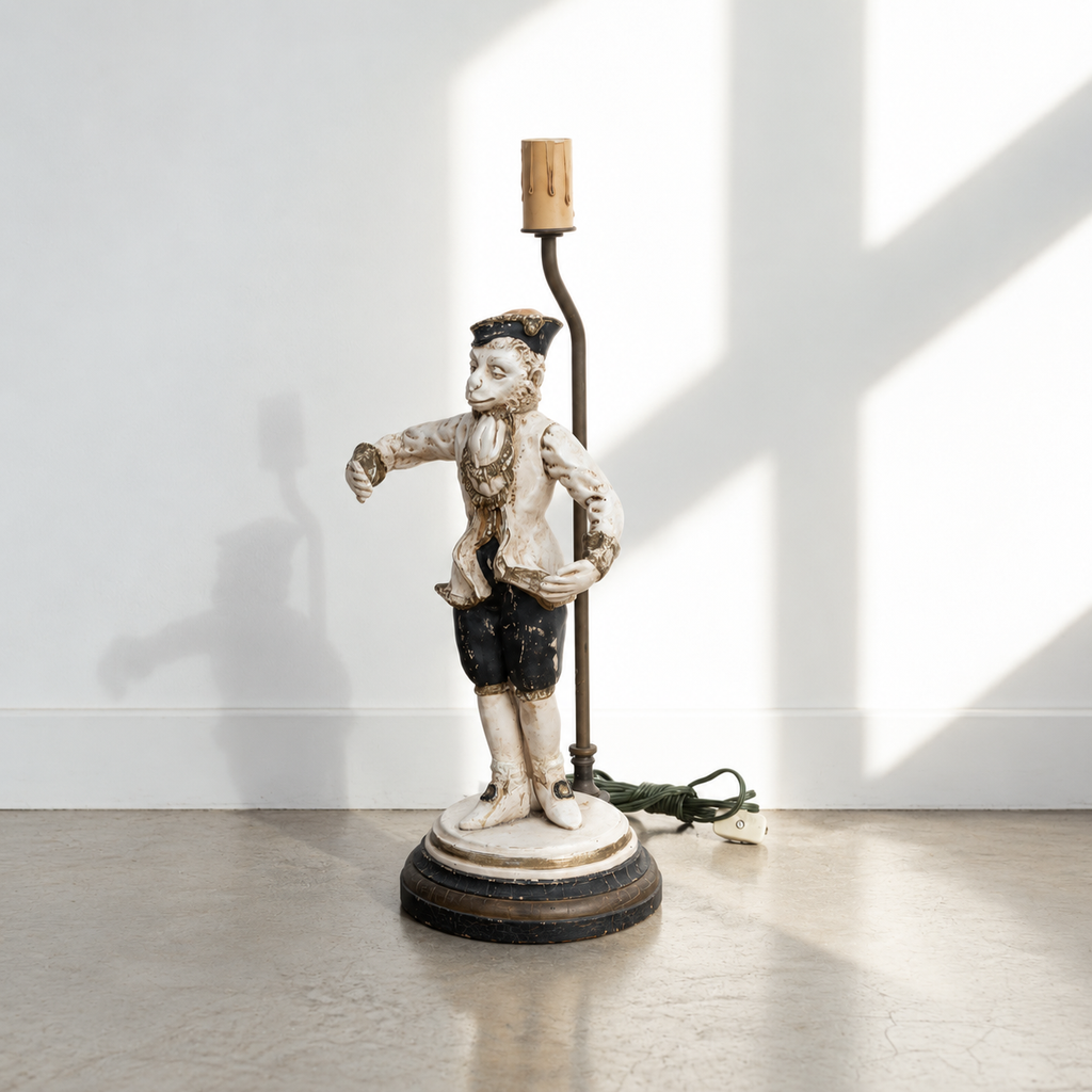 Chinoiserie singerie monkey table lamp in cream black and gilt