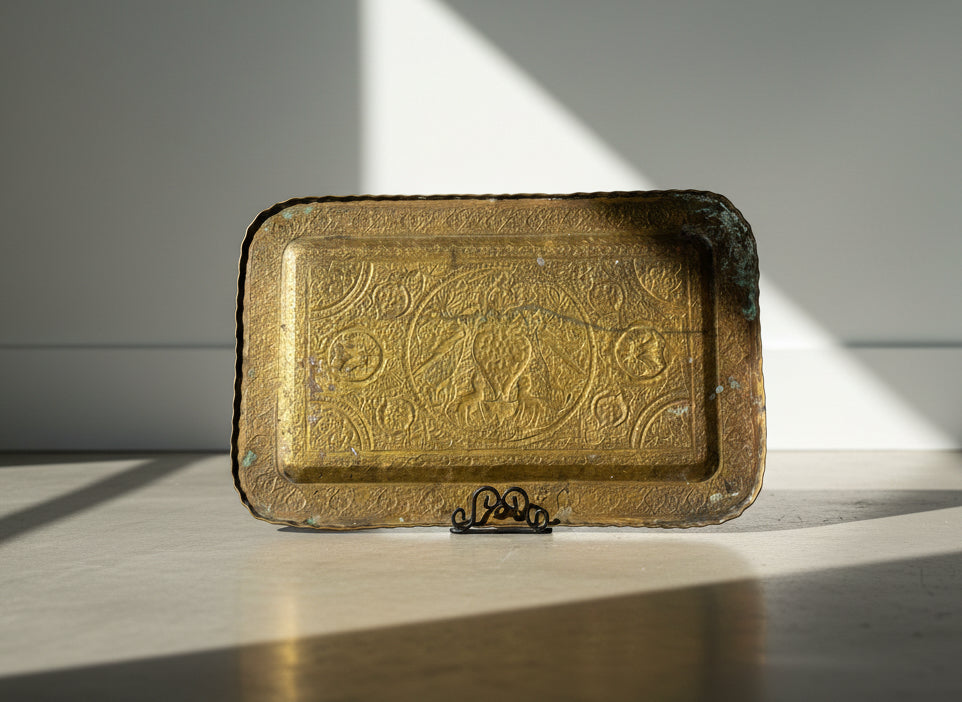 large antique Middle Eastern brass engraved serving tray