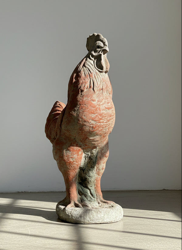 Large Vintage French Concrete Rooster Garden Sculpture with Aged Patina