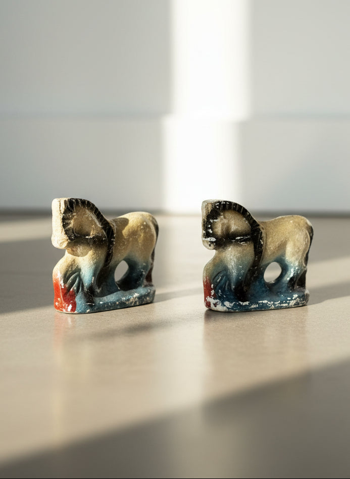 Pair of Mid-Century Hand-Painted Chalkware Ram Figurines in Folk Art Style