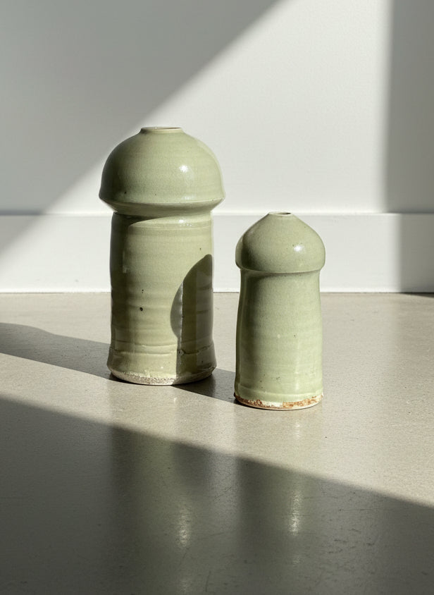 Pair of Studio Pottery Celadon Glazed Vases – Hand-Thrown Modernist Forms