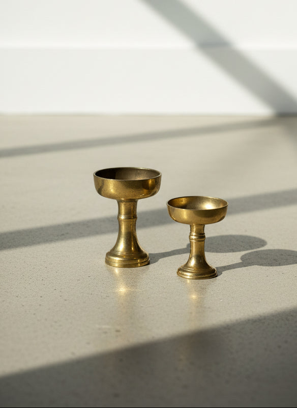 Pair of Vintage Solid Brass Pedestal Offering Cups – Chalice-Style Decorative Stands with Classic Turned Bases