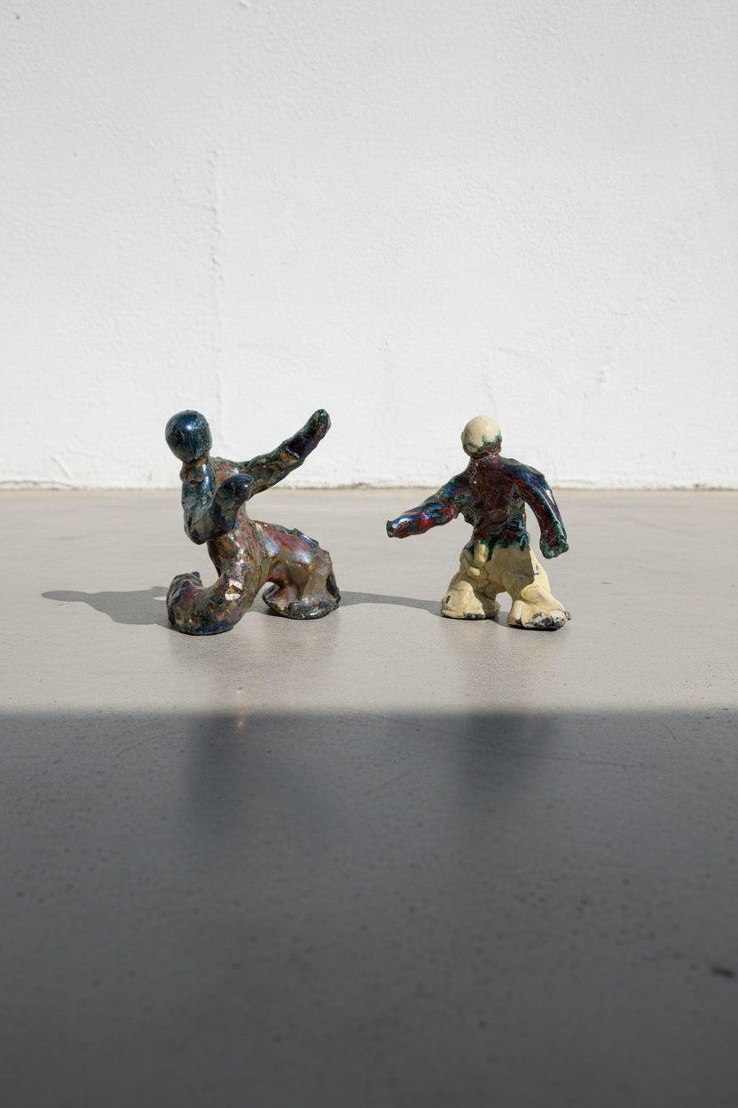 Pair of abstract handbuilt glazed ceramic figural sculptures