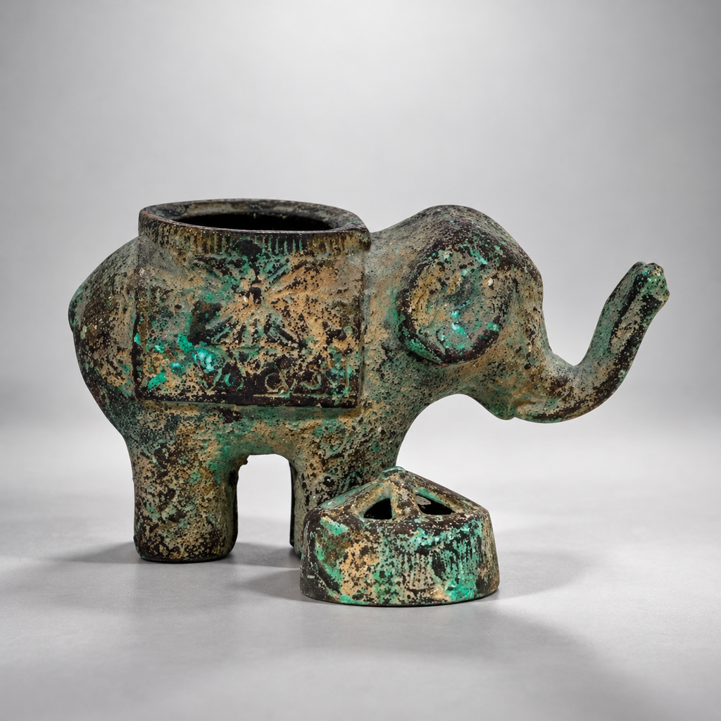 Side view of 1950 Japanese elephant incense censer showing sculptural trunk, modeled body and aged gilt finish — Hommes and Gardens, Smoke + Fire Collection, Fauna Collection, Objects + Curiosities Collection, Home Decor, Interior Designer, Home Design, Luxury Design, Art, Objects, Japanese Design, Asian Decor, Vintage Metalwork.