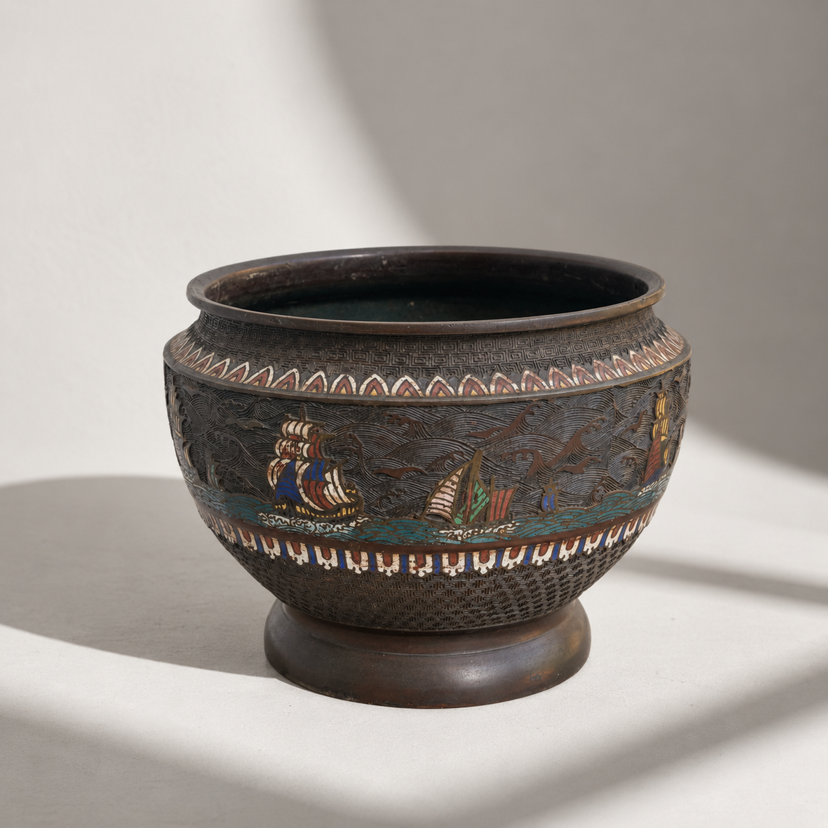 Japanese-style Champlevé enamel planter with sailing ship decoration