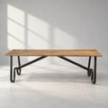 Reclaimed wood Grimaud benches with curved wrought iron bases