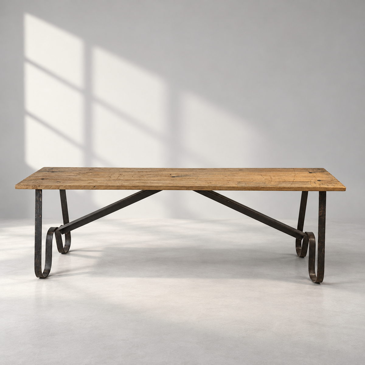 Reclaimed wood Grimaud benches with curved wrought iron bases