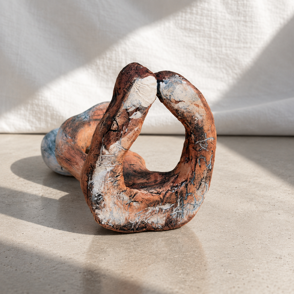 Signed NG ceramic loop sculpture in terracotta and blue