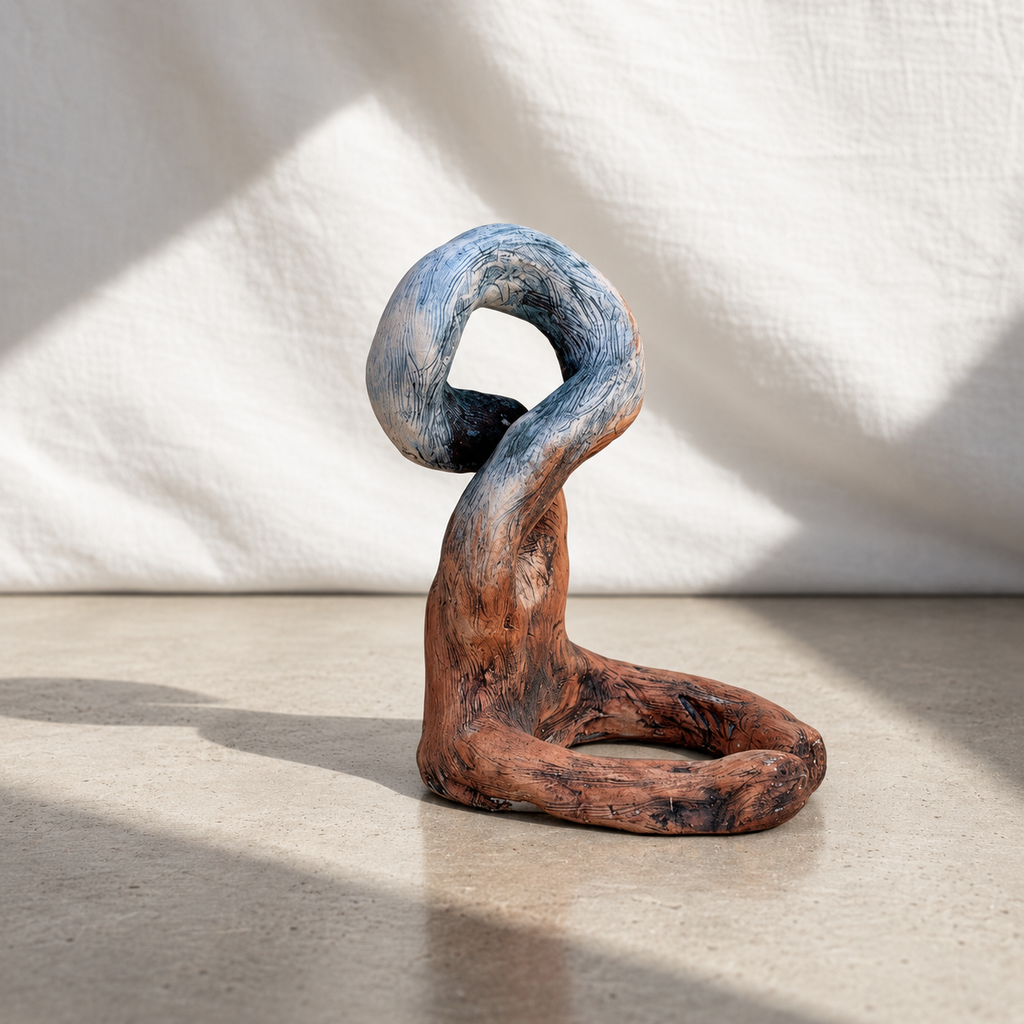 Side view of terracotta and blue ceramic loop sculpture