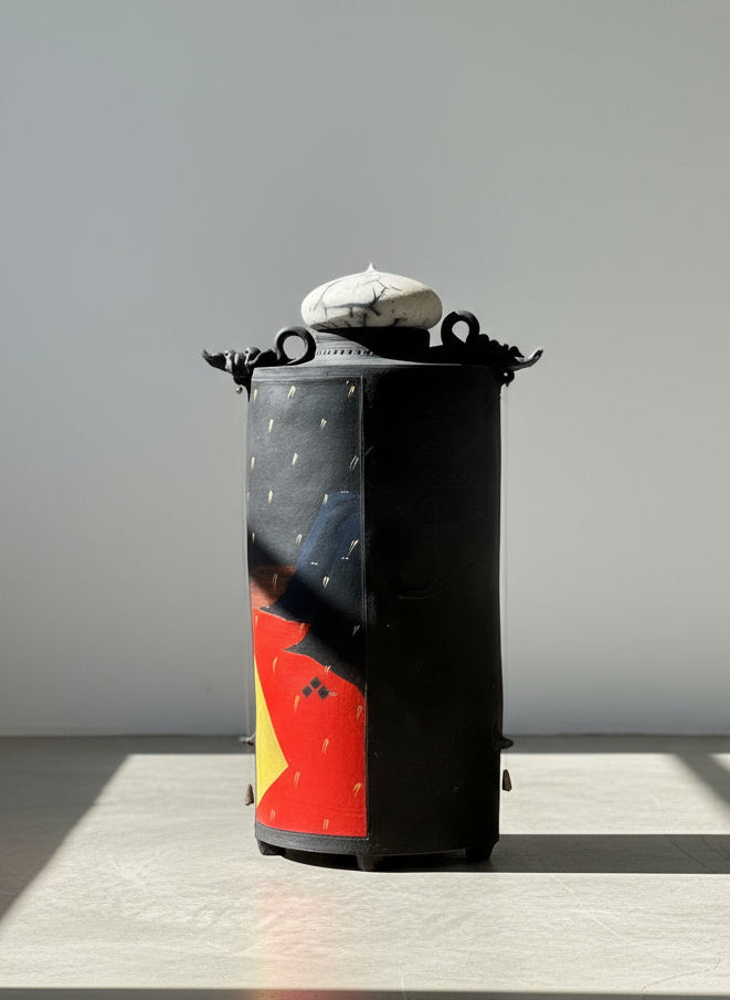 Striking Signed Hand-Painted Sculptural Ceramic Jar with Lid