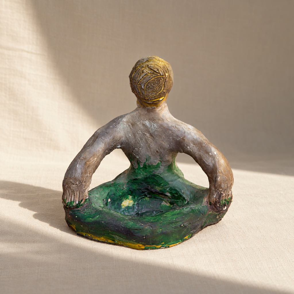 Signed figural studio pottery sculpture with green and ochre decoration