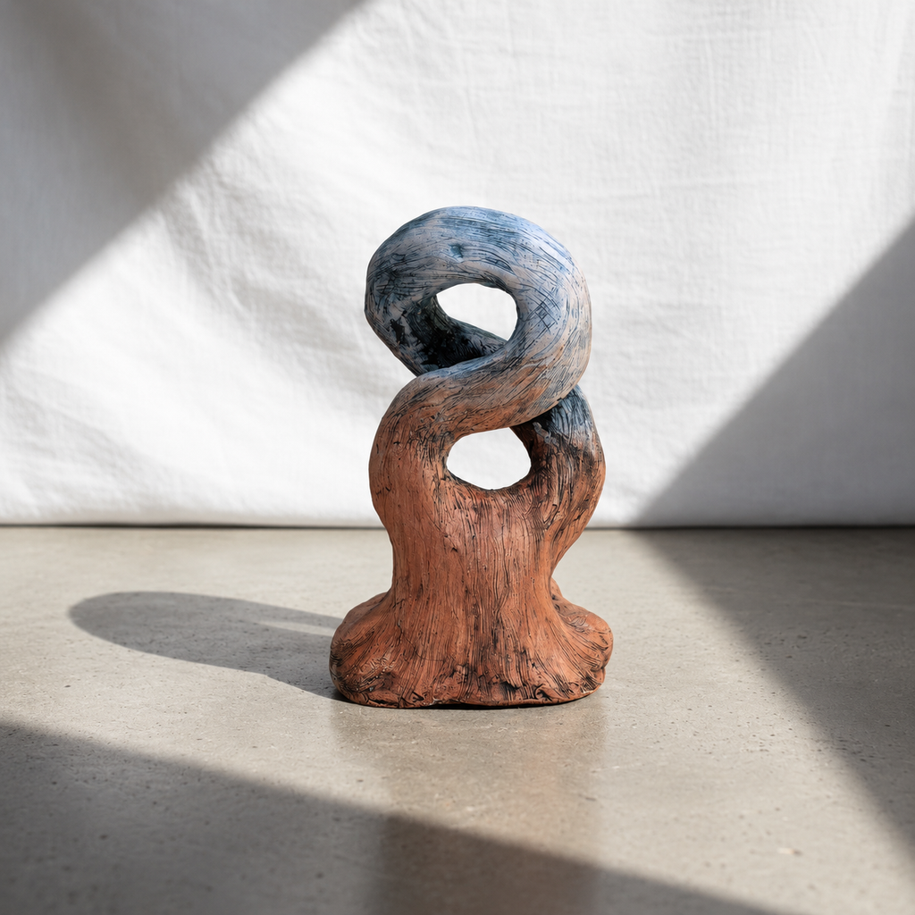 Abstract loop ceramic sculpture in terracotta and blue tones