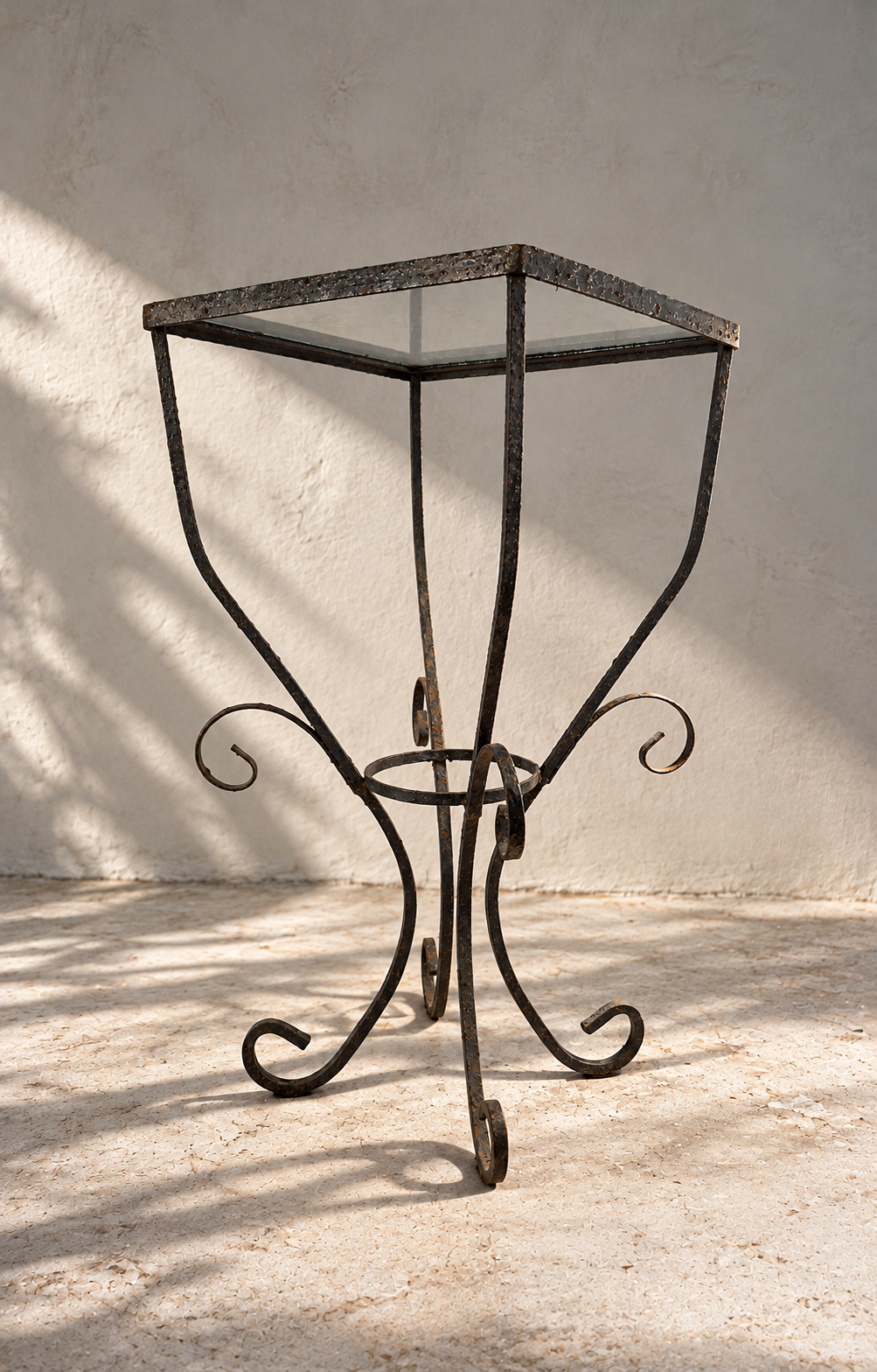 Pair of mid-century hand-forged wrought iron scroll side tables with square glass tops and naturally aged patina, sculptural vintage accent furniture with timeless craftsmanship — Hommes and Gardens, Furniture Collection, Home Decor, Landscape Architect, Interior Designer, Outdoor Living, Home Design, Luxury Design, Art, Furniture, Objects, Mid-Century Modern, Wrought Iron Furniture, Vintage Design, Decorative Tables, Best Gifts.