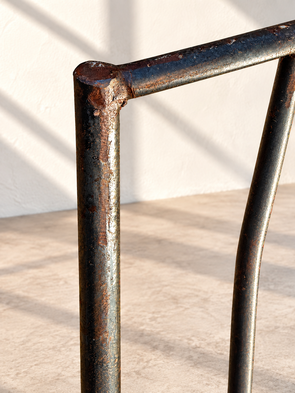 Slender wrought iron bar stool with curved back details