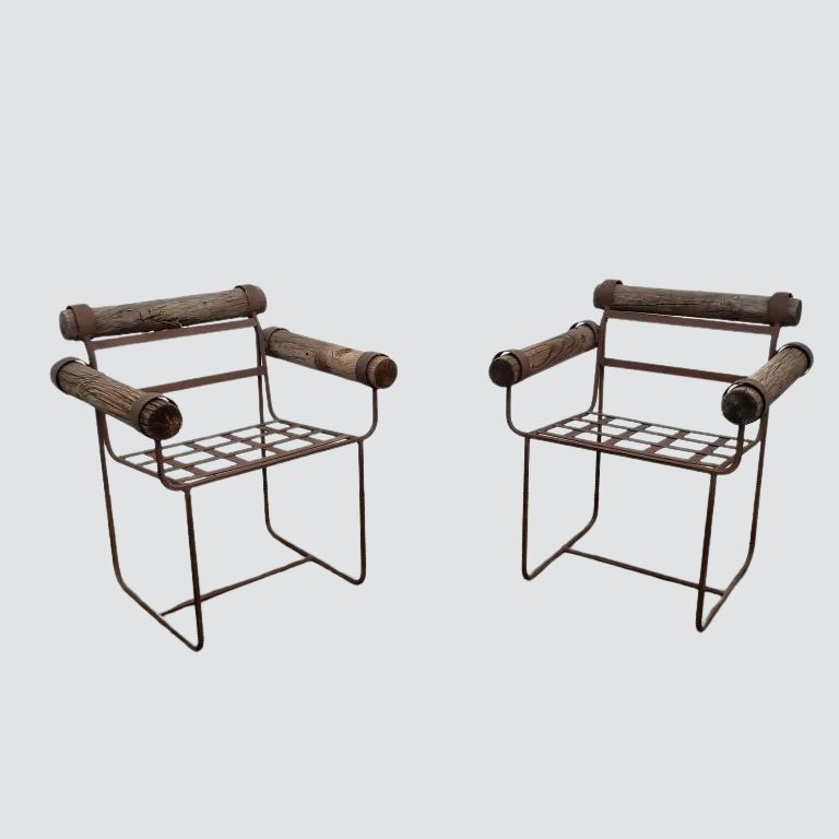 Unique Pair of Rustic Vintage Industrial Garden Chairs with Wooden Log Accents