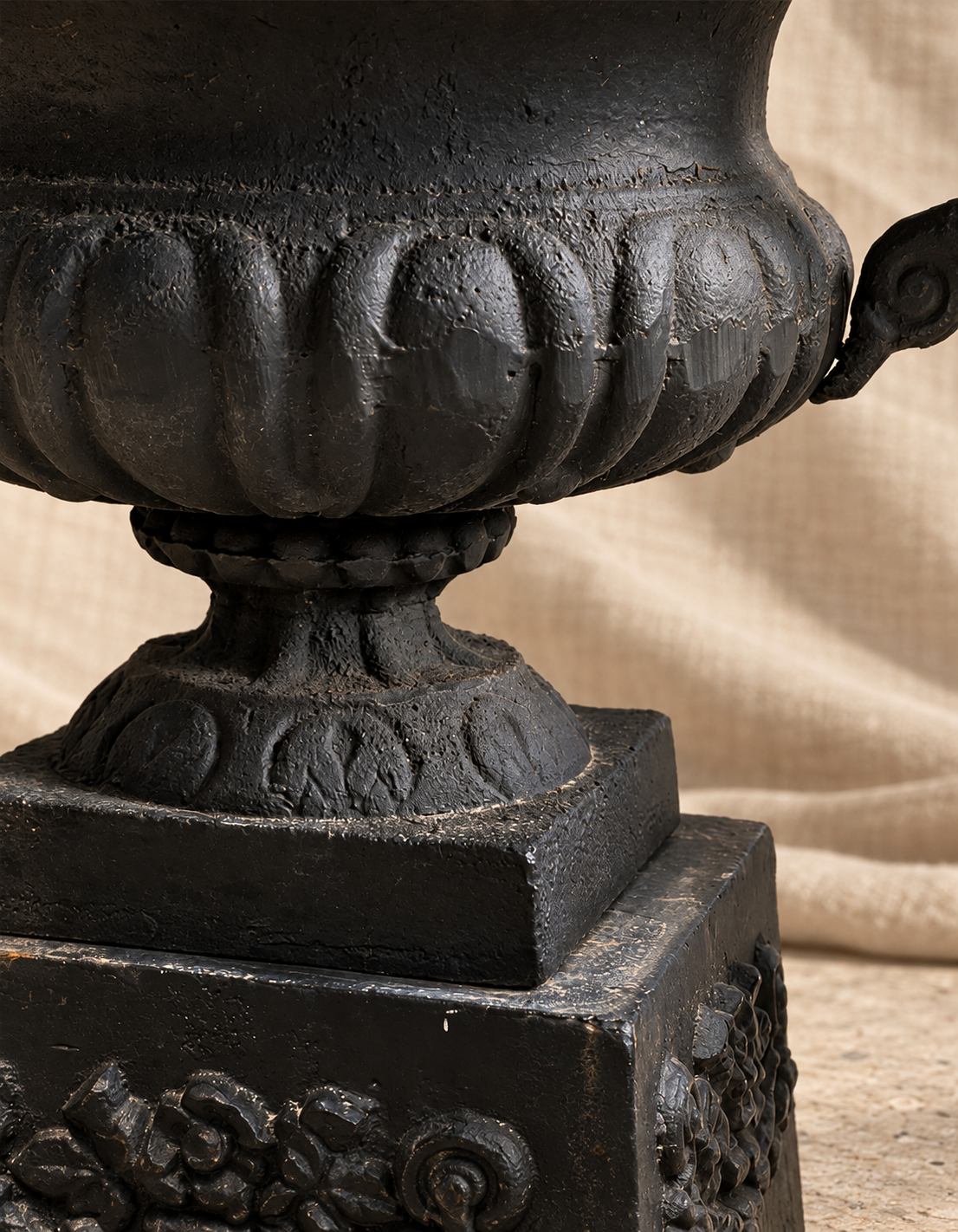 Neoclassical black cast iron garden urn with sculptural C-scroll handles and aged patina on square plinth base — Hommes and Gardens, Pots + Planters Collection, Home Decor, Landscape Architect, Interior Designer, Outdoor Living, Garden Design, Luxury Design, Art, Objects, Antique Garden Decor, Nature, Backyard, Yard.
