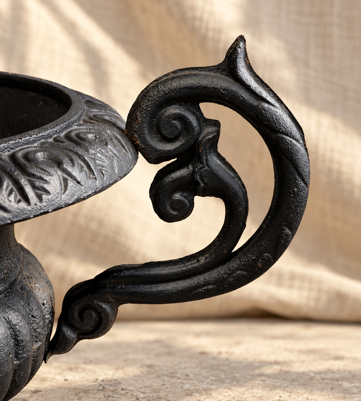 Close-up of weathered black patina and cast iron detail on 19th-century Neoclassical garden urn — Hommes and Gardens, Pots + Planters Collection, Home Decor, Landscape Architect, Interior Designer, Outdoor Decorations, Garden Design, Luxury Design, Art, Objects, Antique Decor, Nature, Backyard, Yard.