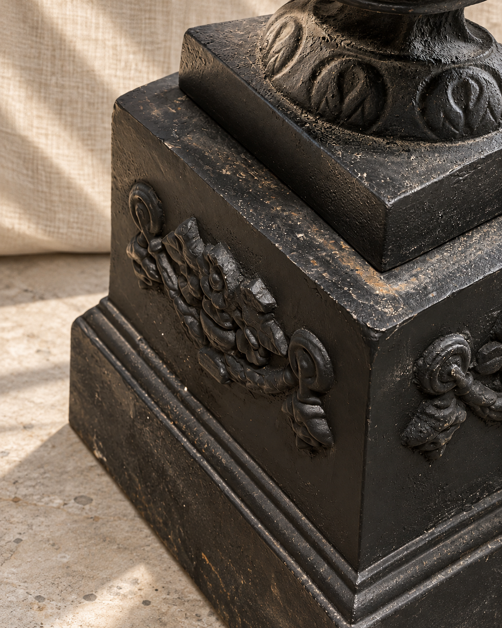 Square plinth base and aged cast iron surface on antique Neoclassical garden urn — Hommes and Gardens, Pots + Planters Collection, Home Decor, Landscape Architect, Interior Designer, Outdoor Living, Garden Design, Luxury Design, Art, Furniture, Objects, Antique Garden Decor, Backyard, Yard.