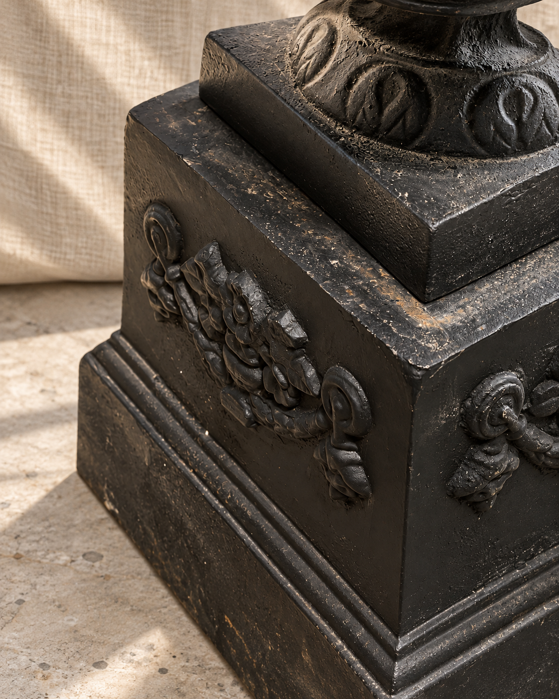 Square plinth base and aged cast iron surface on antique Neoclassical garden urn — Hommes and Gardens, Pots + Planters Collection, Home Decor, Landscape Architect, Interior Designer, Outdoor Living, Garden Design, Luxury Design, Art, Furniture, Objects, Antique Garden Decor, Backyard, Yard.