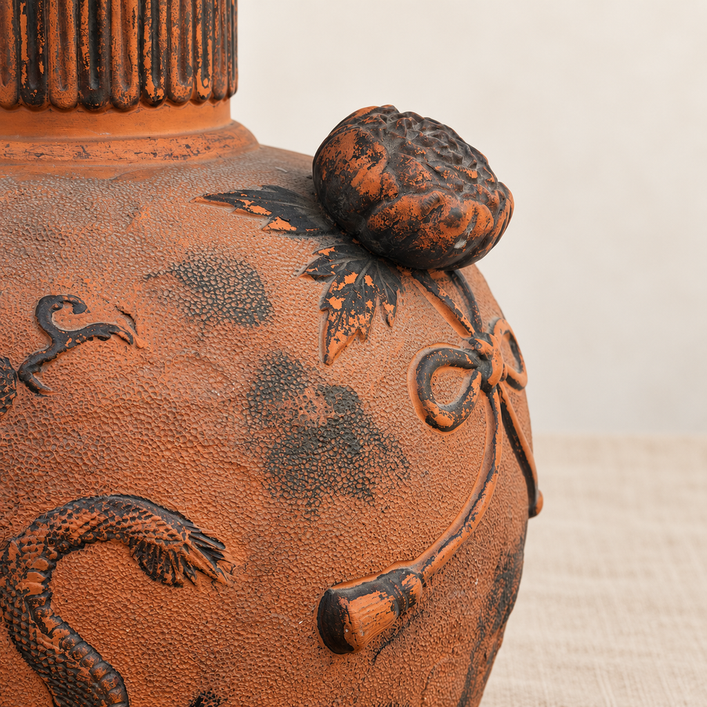Close-up of relief dragon on Japanese Tokoname red clay vase