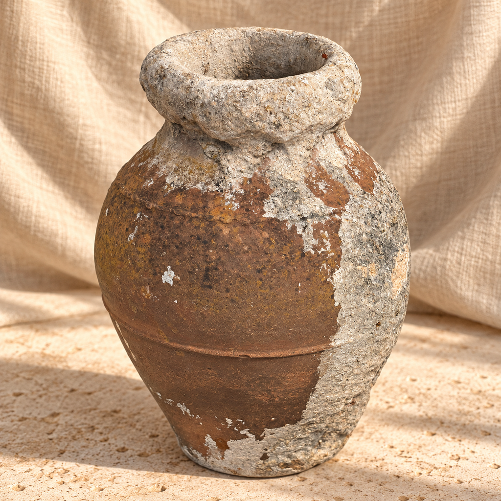 Antique Mediterranean terracotta amphora-style storage pot with dramatic calcified patina, warm earthen tones and monumental hand-formed silhouette — Hommes and Gardens, Vases + Vessels Collection, Objects + Curiosities Collection, Home Decor, Landscape Architect, Interior Designer, Outdoor Living, Outdoor Decorations, Home Design, Luxury Design, Art, Furniture, Objects, Best Gifts, Nature, Backyard, Yard.