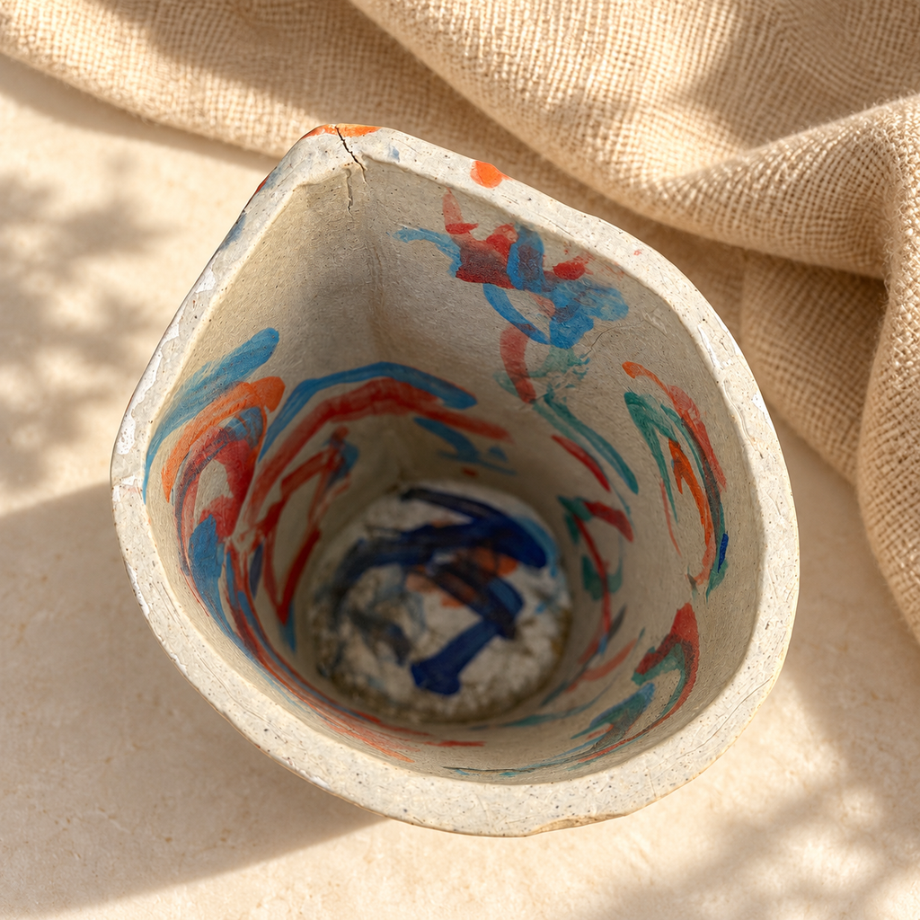 Top view of sculptural ceramic vase showing the opening