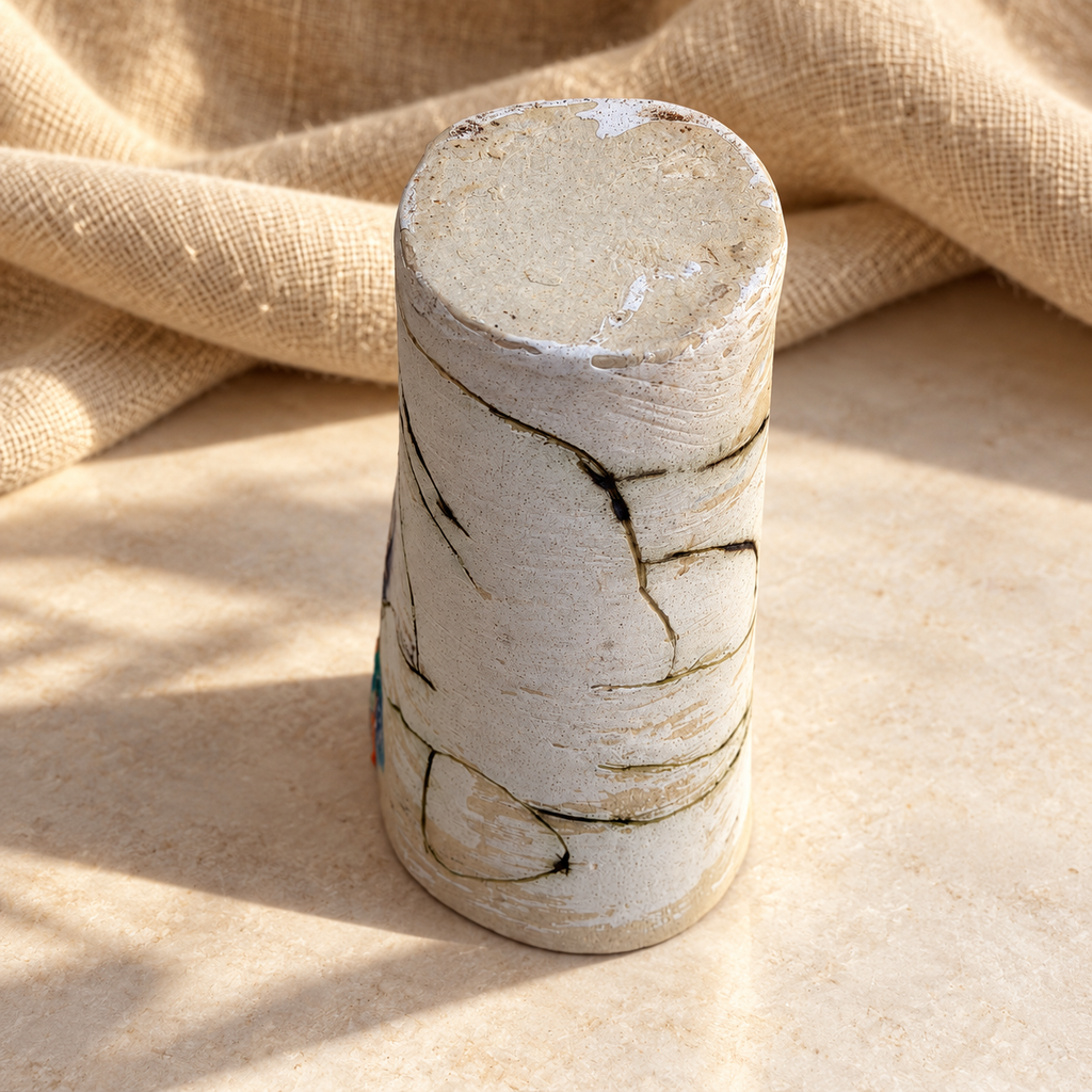 Reverse view of abstract multicolor pottery vase